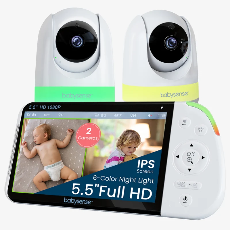 Babysense PRO: Video Baby Monitor with 2 Cameras, Non Wifi, Split Screen, Night Light & Sound Machine